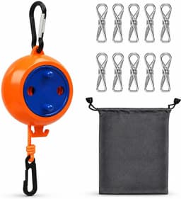 1 x uittrekbare 10 m waslijn, camping, met 10 wasknijpers en 1 opbergtas, oprolbaar, robuust, knoopvrij, ideaal voor buiten, tuin, balkon en camper (oranje) — thumbnail 1