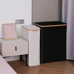 Efluky Wasmand met deksel, 75 l, smalle wasmand met wasbare binnenzak, lichtgrijs wasmand met bamboe handgrepen, opvouwbare wasmand voor waskeuken, slaapkamer, badkamer — thumbnail 5