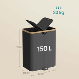 Wasmand Wasgoedverdeler 52 x 38,5 x 75 cm Zwart Grote inhoud van 150 liter Ontwerp met 2 vakken Met deksel en 2 afneembare binnenzakken Waterafstotend en gemakkelijk te reinigen Stevige en stabiele constructie Geschikt voor slaapkamer en woonkamer — thumbnail 2