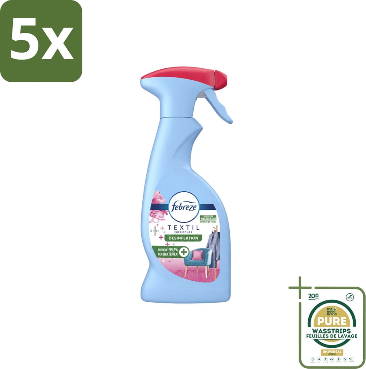 5 x Febreze – Textielspray – Roze Anjers – 375 ml - Wasstrips - Textielgeur - Textielverzorging - Geurverwijdering - Textielspray - Roze Anjers — afbeelding 1