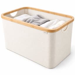 Vellano Opvouwbare Wasmand 45L – Beige – Wasmand met Bamboe Rand – Inklapbare Wasbox met Handgrepen – Heupwasmand – Opbergmand — thumbnail 1