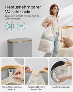SONGMICS LCB513G01 Wasmand met Deksel, Wasmand met 2 Compartimenten, 130 L, Afneembare Waszak, Oxford Stof, Bamboe Handgrepen, Opvouwbaar, 52 x 38,5 x 70,5 cm, Duif Grijs — thumbnail 3