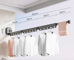 Droogrek-Binnenshuis-Hangkleding-niet electrisch-Inklapbaar-Ruimtebesparend-Tot 15 Kledingstukken-Wasrek 126cm Hangend-Bevestigen aan Raam, Douchewand of Tegels ZONDER te boren of te schroeven - Uitschuifbaar-360° draaibaar-Zwart Metaal-droogrek- — thumbnail 2