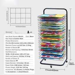Droogrek voor Kunstwerken - 25-Laags Verfdroogrek - Verwijderbare Planken - Afmeting 42,3 x 31,7 cm - Zwenkwielen met Rem - Koolstofstaal - Voor Tekeningen en Schilderijen - Mobiel — thumbnail 1
