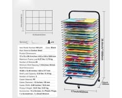 Droogrek voor Kunstwerken - 25-Laags Verfdroogrek - Verwijderbare Planken - Afmeting 42,3 x 31,7 cm - Zwenkwielen met Rem - Koolstofstaal - Voor Tekeningen en Schilderijen - Mobiel