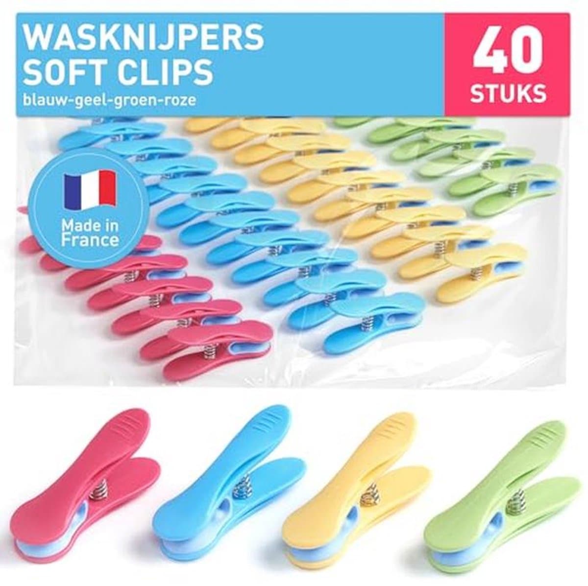 Zachte wasknijpers set van 40 stuks in blauw, geel, groen en roze — afbeelding 1