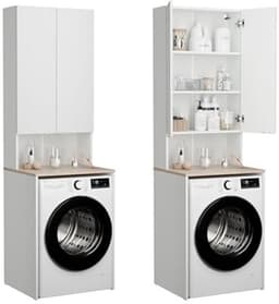 Wasmachinekast voor Badkamer of Keuken - Hoge Kast met Bovenbouw voor Wasmachine en Wasdroger - Wit en Eiken - 210 x 65 x 50/25 cm — thumbnail 1