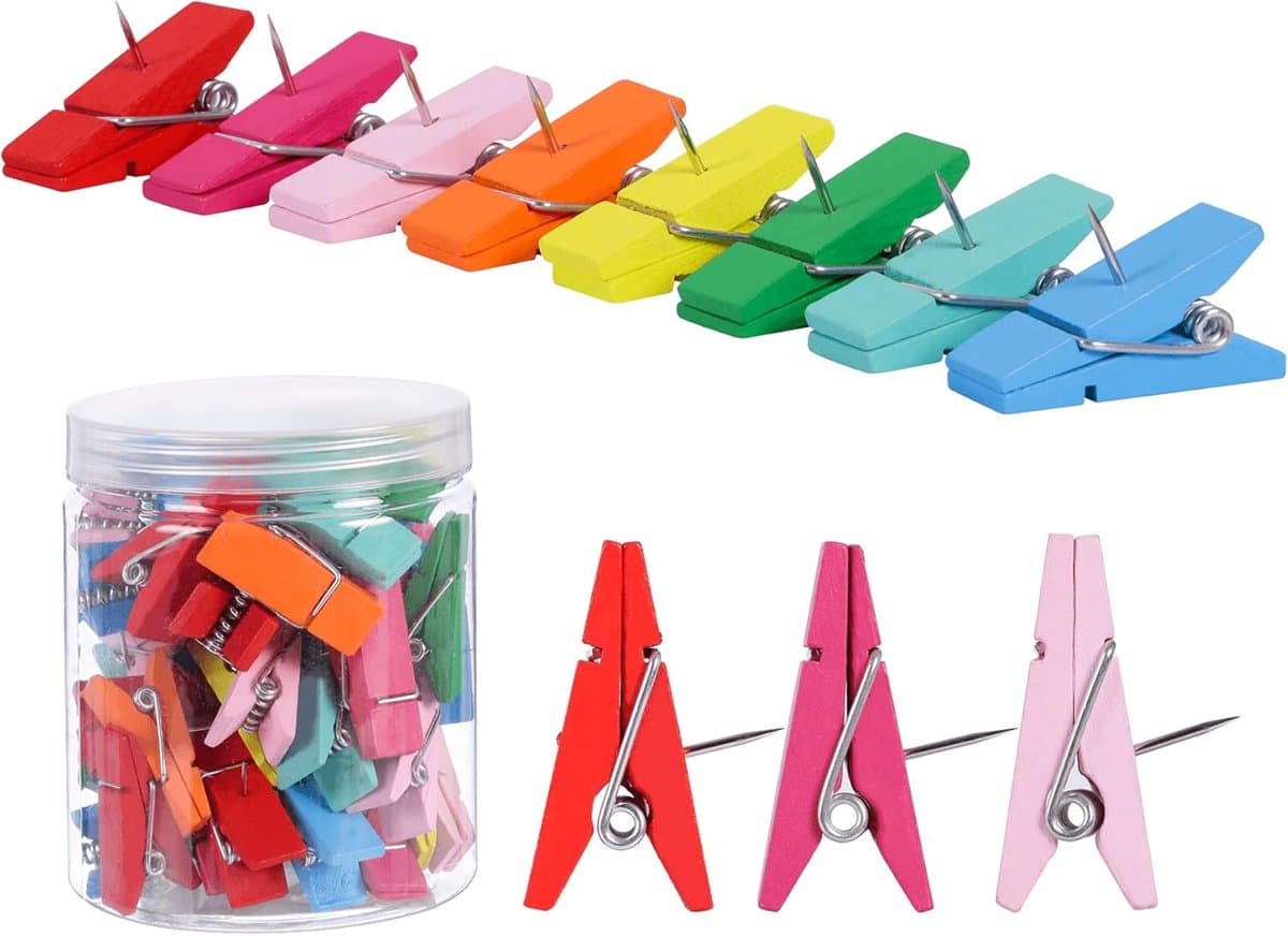50x Kleurrijke Houten Push Pin Clips voor Prikbord en Foto's - Multifunctionele Plakspelden — afbeelding 1