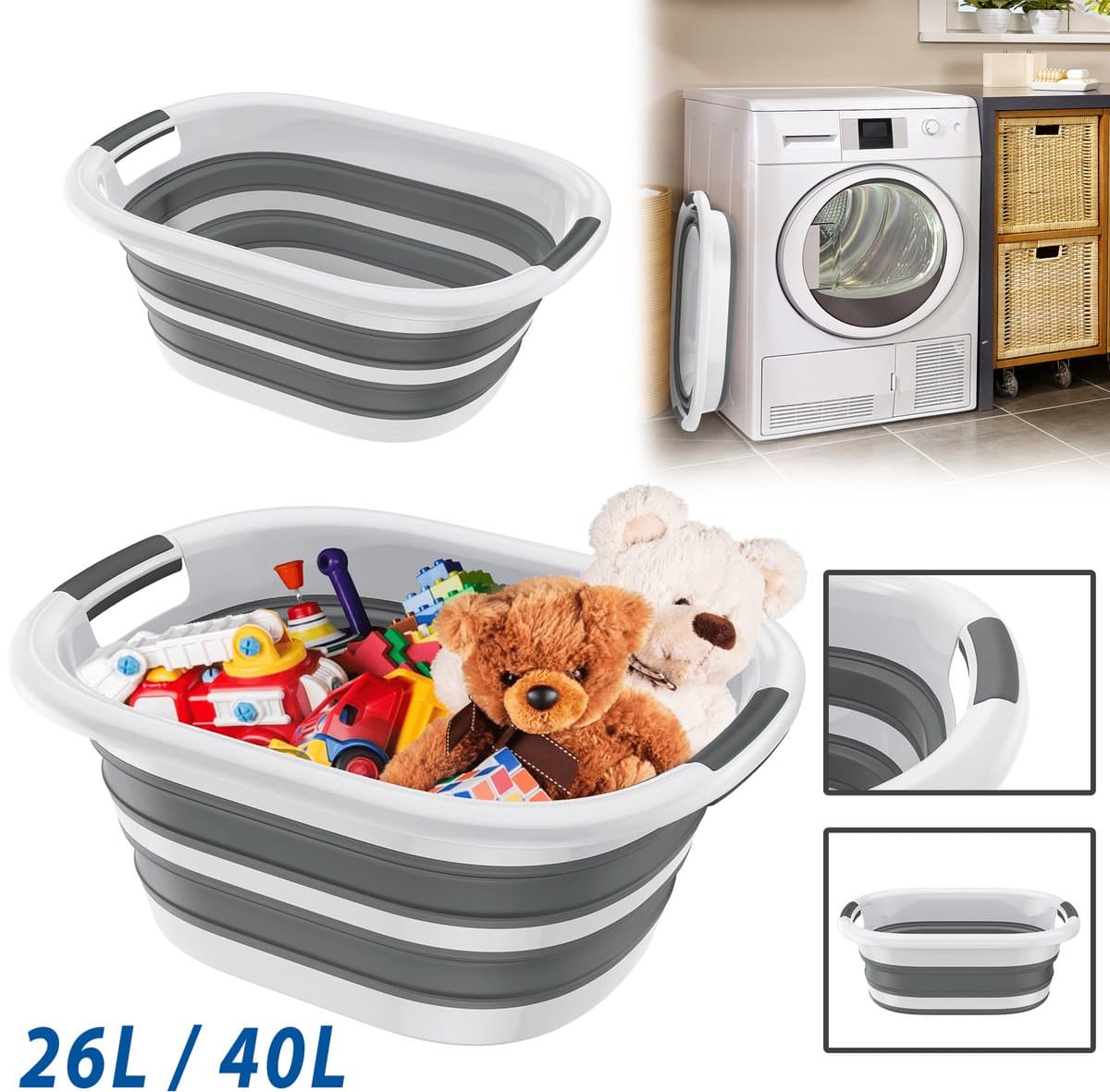 Opvouwbare wasmand, kunststof wasmand. Grijze kunststof opbergbak, wasmand, draagbare wastobbe, witte wasmanden met handgreep voor wasruimte en badkamer - 26L - 53x38x23cm — afbeelding 1