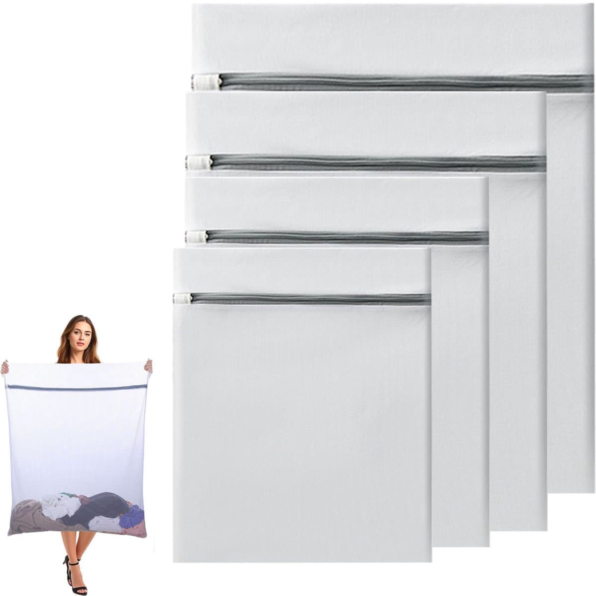 Waszakken - Wasnetten Set - 4 stuks - Groot Waszak - 90 x 110 cm - 90 x 90cm - 60 x 80 cm - 60 x 60cm - Waszakjes met Rits - Bescherm je Wasgoed en Wasmachine - Packing Cubes - Transparant/Grijs — afbeelding 1