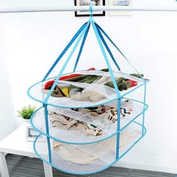 Vouwbare Winddichte Mesh Mand - 3 Niveaus voor Het Drogen van Truien - Blauwe Textielnet — thumbnail 3
