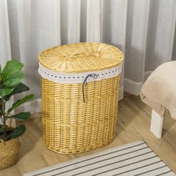 Waskorf, Met Deksel, Geschikt voor Kleding en Speelgoedopslag, Geschikt voor Slaapkamer en Badkamer, 51×38×57 cm, Houtkleur, Rieten — thumbnail 3