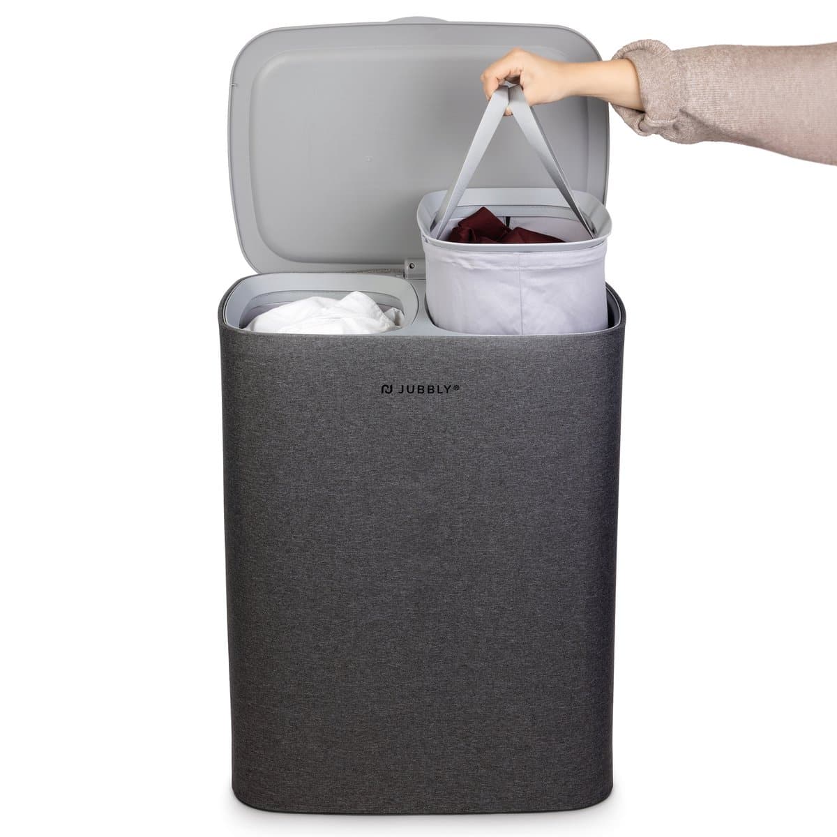 Jubbly® - Wasmand - Wassorteerder - Wasmand met Deksel - Wasmand 2 vakken - Wasmand opvouwbaar - Wasbox - 90 Liter - Grijs - The Splitsmart — afbeelding 1