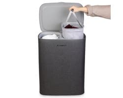Jubbly® - Wasmand - Wassorteerder - Wasmand met Deksel - Wasmand 2 vakken - Wasmand opvouwbaar - Wasbox - 90 Liter - Grijs - The Splitsmart — afbeelding 1
