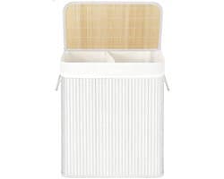 Wasmand Vuile wasmand met deksel,51,5 x 31,5 x 60,5 cm, wit, uitneembare voering, katoenen handgrepen en 2 vakken, 100 liter opslagcapaciteit, geschikt voor wasruimte en slaapkamer,