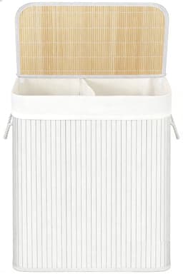 Wasmand Vuile wasmand met deksel,51,5 x 31,5 x 60,5 cm, wit, uitneembare voering, katoenen handgrepen en 2 vakken, 100 liter opslagcapaciteit, geschikt voor wasruimte en slaapkamer, — thumbnail 1