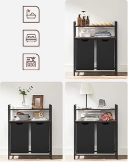 Wasmand - Wasverzamelaar met 2 compartimenten - 2 planken - Uitschuifbare en verwijderbare waszakken 2x46L - Voor badkamer en wasruimte - Vintage bruin-zwart — thumbnail 3