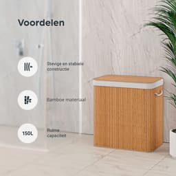 Organess wasmand 3 vakken - Wassorteerder - Wasmand met deksel - Opvouwbaar - 150L - Bamboe — thumbnail 4