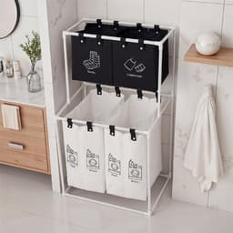 Wassorteerder 4 Vakken - Wasmand - 150L - Wit met Zwart — thumbnail 2