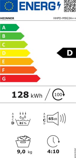Heinner HHPD-M9G3A++ Warmtepompdroger 9 kg – 14 Droogprogramma’s – LED-display – Anti-sifonfunctie – Trommelverlichting – Startuitstel – Wit – 5 Jaar Garantie — thumbnail 2