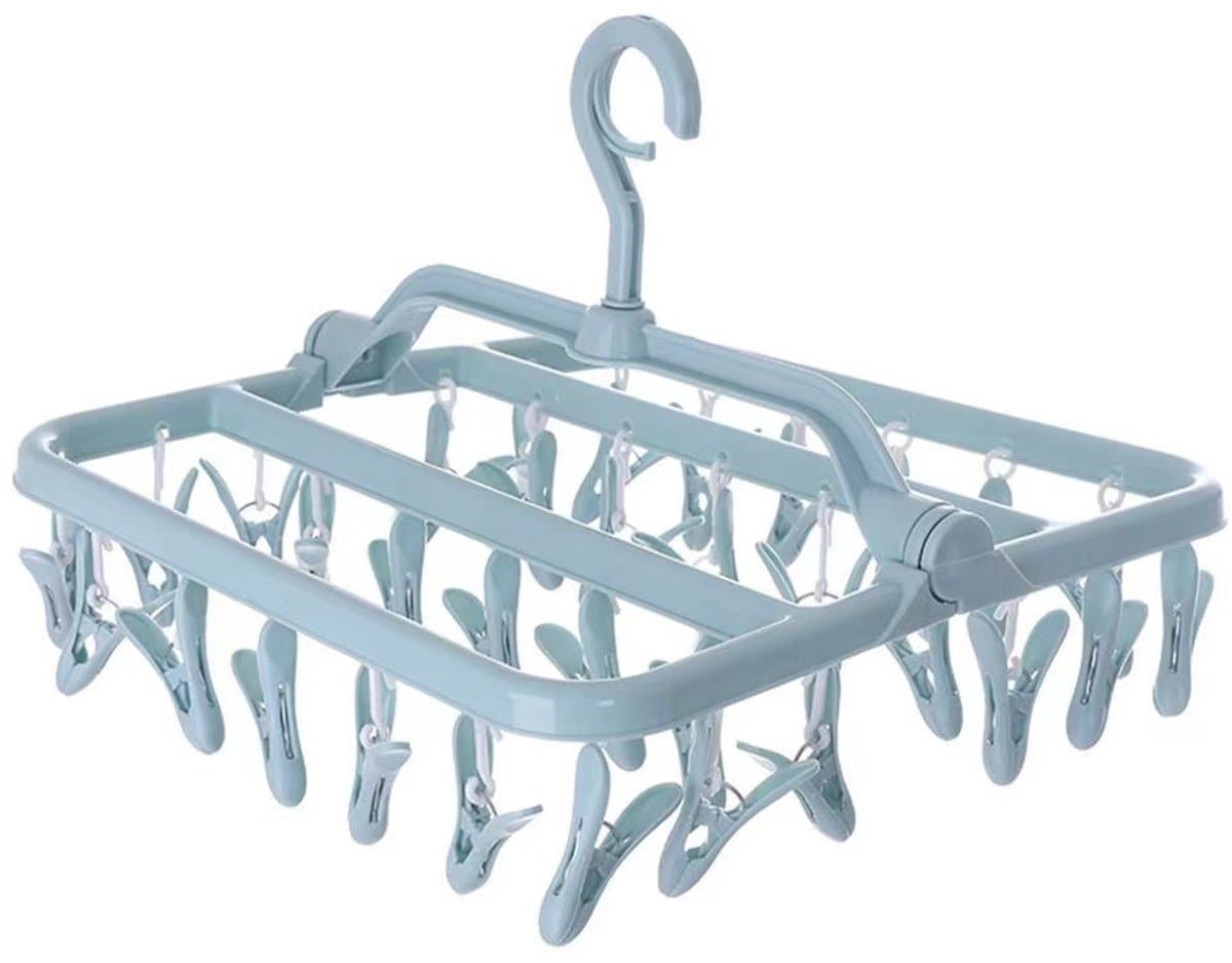 Droogrek voor kleding, opvouwbaar wasrek met 32 clips, opvouwbare wasknijperhanger voor sokken, handdoeken en bh's (lichtblauw) — afbeelding 1