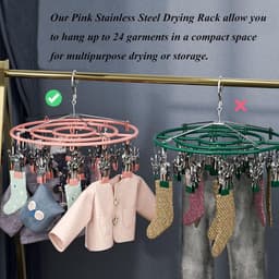 Droogrek voor kleding en sokken van roestvrij staal met 24 clips, draaibare haak en winddichte hanger voor sokken, bh's, handdoeken, ondergoed, wasgoed, hoeden, sjaals, broeken en handschoenen (roze clips) — thumbnail 3