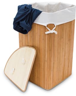 3x wasmand hoekmodel bamboe - 60 liter - deksel - wasbox - driehoekig - natuur — thumbnail 1