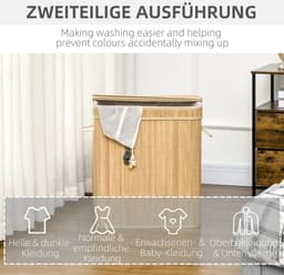 Merax Bamboe Wasmand 90L met Deksel en Handgrepen – 2 Vakken – Uitneembare Stoffen Binnenzak – Opvouwbaar – Naturel Bruin — thumbnail 2