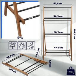 KADAX Handdoekhouder van hout, wasrek met droogoppervlak tot 3,5 m, inklapbare badhanddoekhouder, badkameraccessoire voor badkamer (volledig gemonteerd) — thumbnail 2