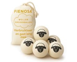 Fienosa Drogerballen 6 stuks – 100% Nieuw-Zeelandse Schapenwol – Herbruikbare Wasdrogerballen – Verkort Droogtijd & Bespaart Energie – Antistatisch, Natuurlijke Wasverzachter – Inclusief Opbergzakje — afbeelding 1