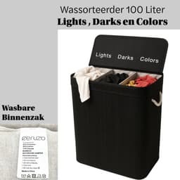 Ceruzo Wasmand 3 Vakken – Bamboe Wassorteerder 100L – Uitneembare Binnenzak – Zwart — thumbnail 5