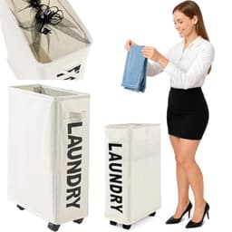 Ruimtebesparende Wasmand met Handvat en Wielen, Opvouwbare Laadmand voor Vuile Was, Ideaal voor Smalle Ruimtes, 39 x 20 x 56 cm (Beige) — thumbnail 1
