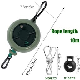 Verstelbare waslijn 10 meter - Antislip campingwaslijn met 10 haken en 20 wasknijpers voor utility room, balkon, tuin en kamperen — thumbnail 5