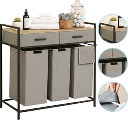 Casayali® TrioSort Wasmanden 150 Liter - Wasmand 3 Vakken - Uitschuifbare Wassorteerder met Laden - Lichtgrijs — thumbnail 1