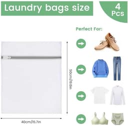 4 stuks duurzame netwaszakken, Wasmachine netzak,16 x 20 inch, delicate waszak voor studenten, studentenhuizen, reizen, gezinnen en appartementbewoners, wit — thumbnail 5