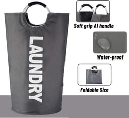 BOTC Wasmand - Waszak - Laundry basket - Wassorteerder - 38x63 cm - waszak vouwbaar - draagbaar wasbox - grijs — thumbnail 2