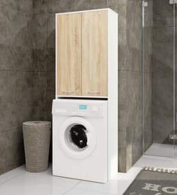 Badkamerkast voor Wasmachine FIN / Hoge Wasmachinekast met 2 Deuren / AKORD Furniture Factory / Wit - Sonoma Eik / 64 x 180 x 30 cm — thumbnail 2