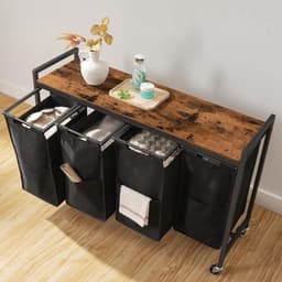 Luxe Wassoorteerder – 4 Vakken – Wasmand – Op Wieltjes – Met Deksel – Basket op Wielen – Duurzame Stof – Stabiel Frame – Zwart — thumbnail 3