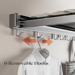 Aan de muur bevestigde kledingdroogrek, opvouwbaar wasdroogrek, 44cm brede aluminium opvouwbare hangende garderobe met 6 handdoekhaken - grijs — thumbnail 4