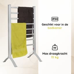 Eleganca Elektrisch Droogrek – B52 x D10 x H80 cm (Hangend) - B52 x D36.5 x H90 cm (Staand) – Verwarmd Droogrek voor snel Drogen van Handdoeken – Elektrisch - 220-240V - 150W - IPX4 - Zilver — thumbnail 2