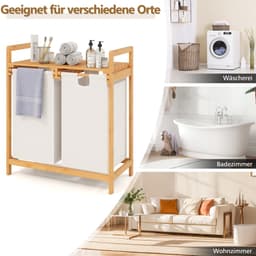 COSTWAY Wasmand 2 vakken, met 2 uittrekbare waszakken, wasverzamelaar met plank, wassorteerder bamboe voor badkamer, woonkamer en slaapkamer (wit) — thumbnail 2