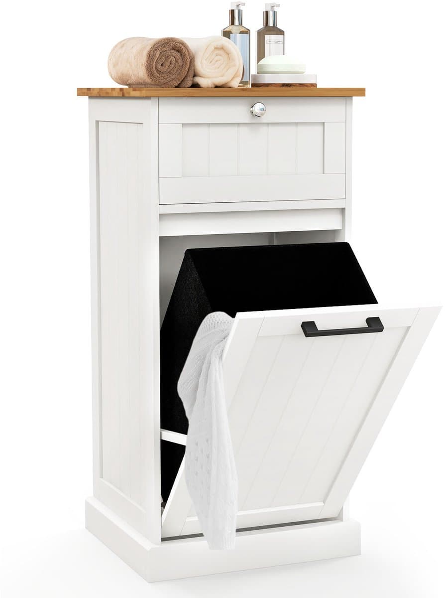 COSTWAY Waskast met wasmand, wasverzamelaar met lade, tafelblad van bamboe, badkamerkast, badkamerkast voor badkamer, waskeuken, 40 x 37 x 82 cm, wit — afbeelding 1