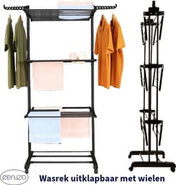 Wasrek Inklapbaar - 75x64x178 cm - Wastoren -Droogtoren met Wieltjes -Zwart — thumbnail 4