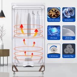 Uten Draagbare elektrische droger JY-01 - 2 lagen droog - Inklapbaar Design - Warmtepompdroger - 1500 W - Timer 0-180 Min - Droogrek met Verwarming - Wasdroger - Tot 10kg wasgoed - Als wasdroger, droogrek en Kledingkast- Hoogte 1.4 M - Grijs — thumbnail 5