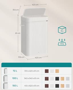 SONGMICS Wasmand met deksel, wasmand van bamboe, afneembare en machinewasbare waszak met handgrepen, 72 liter, voor wasruimte, slaapkamer, woonkamer, wolkwit — thumbnail 2