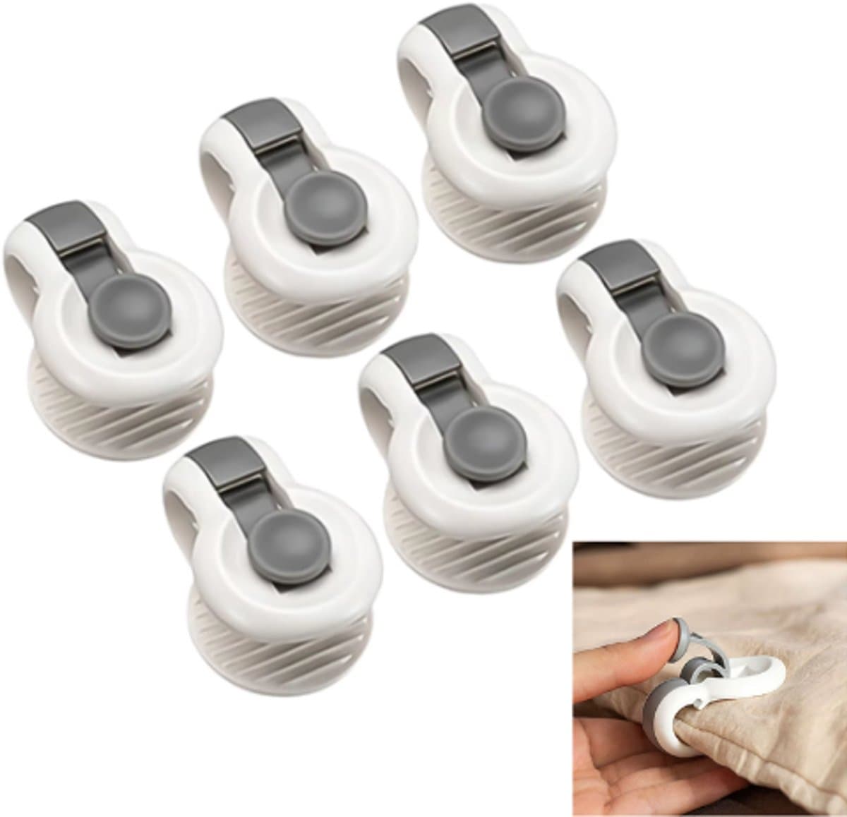 Dekbed Clips – 6 Stuks – Anti-Slip Dekbedhouders – Dekbed Knijpers - Clip Dekbedovertrek - Voorkomt Verschuiven van Dekbed in Overtrek – Onzichtbaar Onder Beddengoed – Wit / Grijs — afbeelding 1