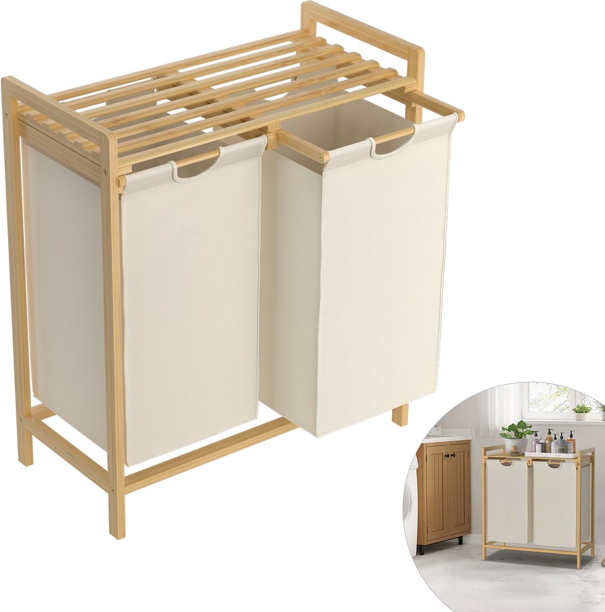 Wasmand van bamboeframe, 2 vakken, 36 l, 73 x 64 x 33,5 cm, wasverzamelaar met plank, waszak van Oxford-weefsel, wassorteerder, hout, waszakken voor bijkeuken, slaapkamer, beige — afbeelding 1