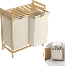 Wasmand van bamboeframe, 2 vakken, 36 l, 73 x 64 x 33,5 cm, wasverzamelaar met plank, waszak van Oxford-weefsel, wassorteerder, hout, waszakken voor bijkeuken, slaapkamer, beige — thumbnail 1