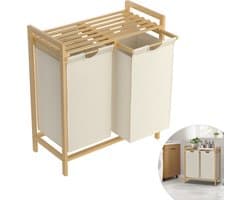 Wasmand van bamboeframe, 2 vakken, 36 l, 73 x 64 x 33,5 cm, wasverzamelaar met plank, waszak van Oxford-weefsel, wassorteerder, hout, waszakken voor bijkeuken, slaapkamer, beige