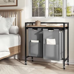 J&R Wasmand kastje - Wasmand met 2 vakken - Wassorteerder - Wasmand tafel - Waszak - Badkamerkast - Wasmand meubel - Wasmand rek - Light oak - Zwart metaal — thumbnail 4
